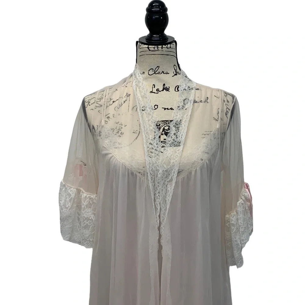 Vintage Val Mode Pink White Peignoir Gown 2 PCS SHEER Nightgown Robe Size Petite